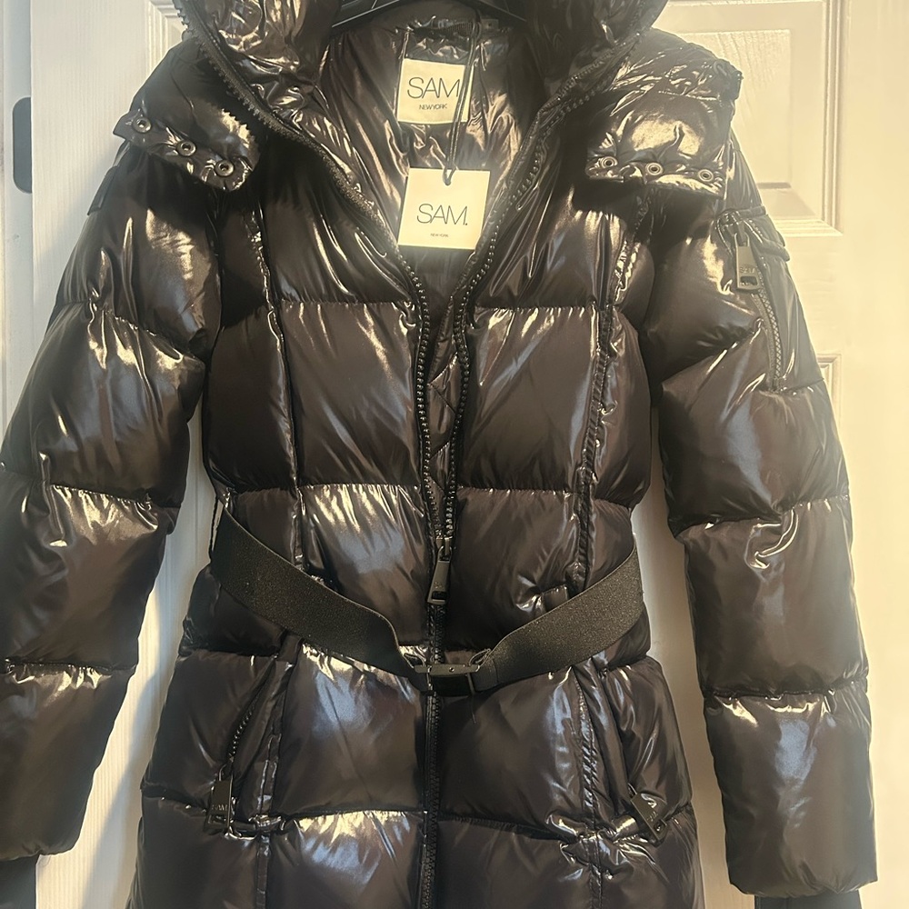 SAM. Women's Shiny Black Belted Puffer Coat